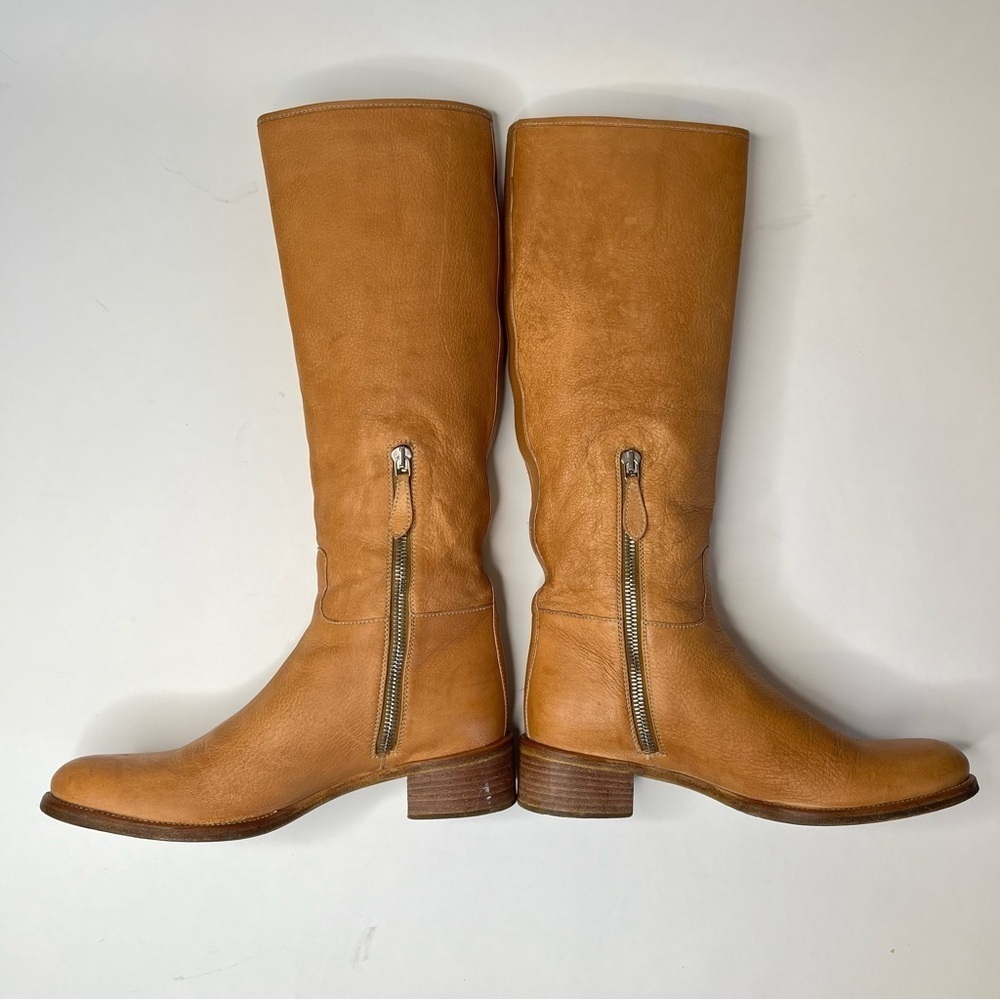 VINTAGE Prada 1990s Tan Camel Italian Leather Side Zip Pullon Classic Flat Boots - Picture 9 of 16